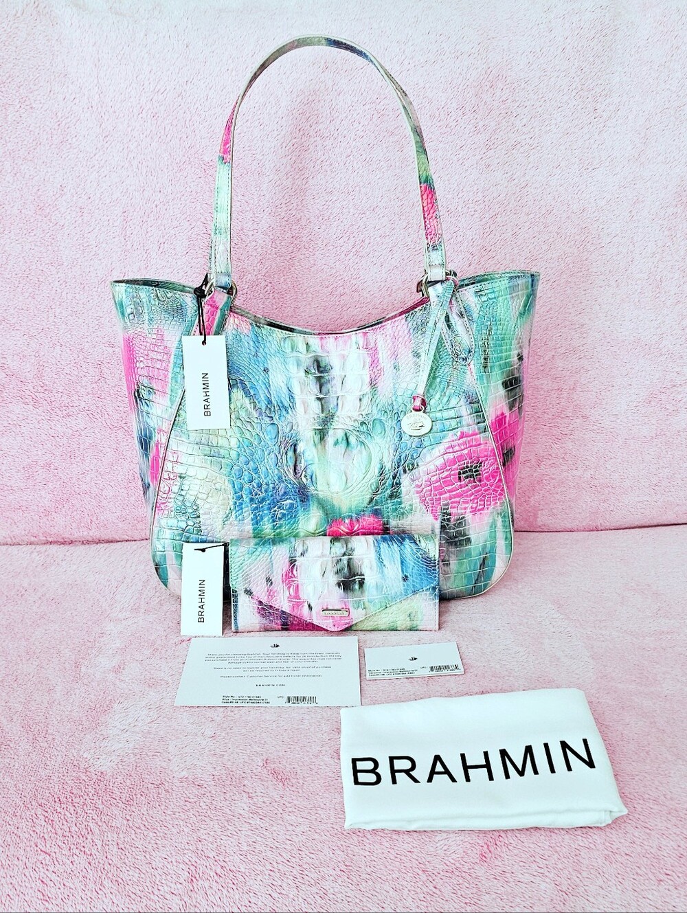 Floral Embossed Tote Bag in Pink & Blue - Designer Style